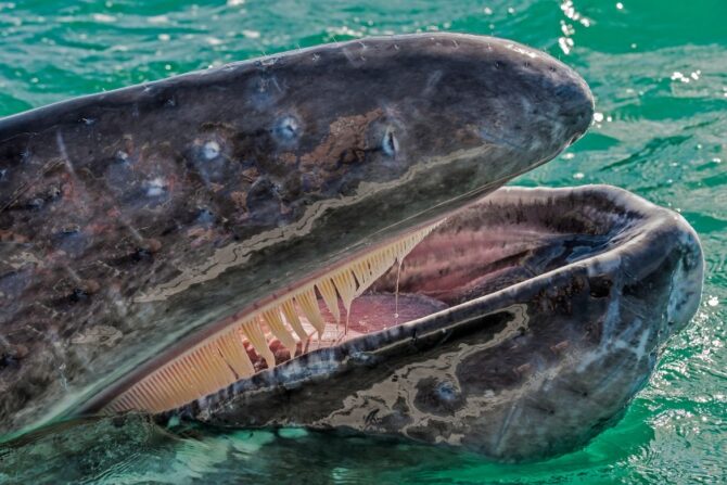 A young gray whale with its mouth open showing its baleen.