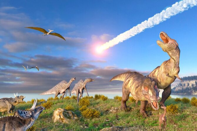 Illustration of the K T Event at the end of the Cretaceous Period. A ten-kilometre-wide asteroid or comet is entering the Earth's atmosphere as dinosaurs scatter for safety.
